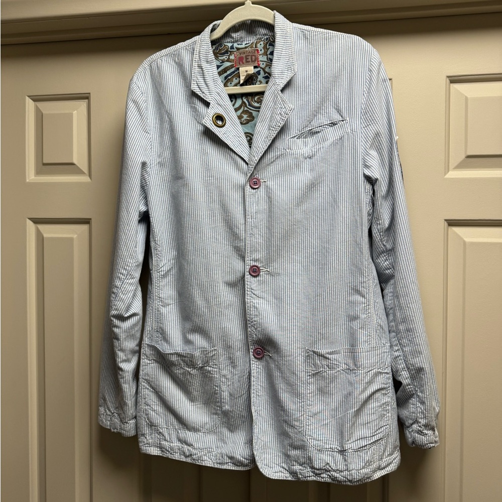 VINTAGE RED Men's 100% Cotton Lightweight Striped Blazer Jacket Light Blue/White